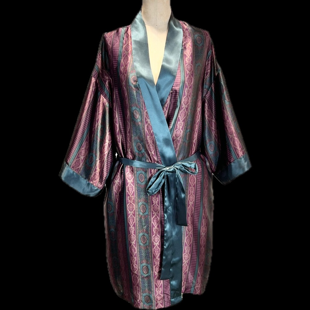 VINTAGE‎ 90s Sears Inner Most silky midi wrap robe dark moody stripe paisley